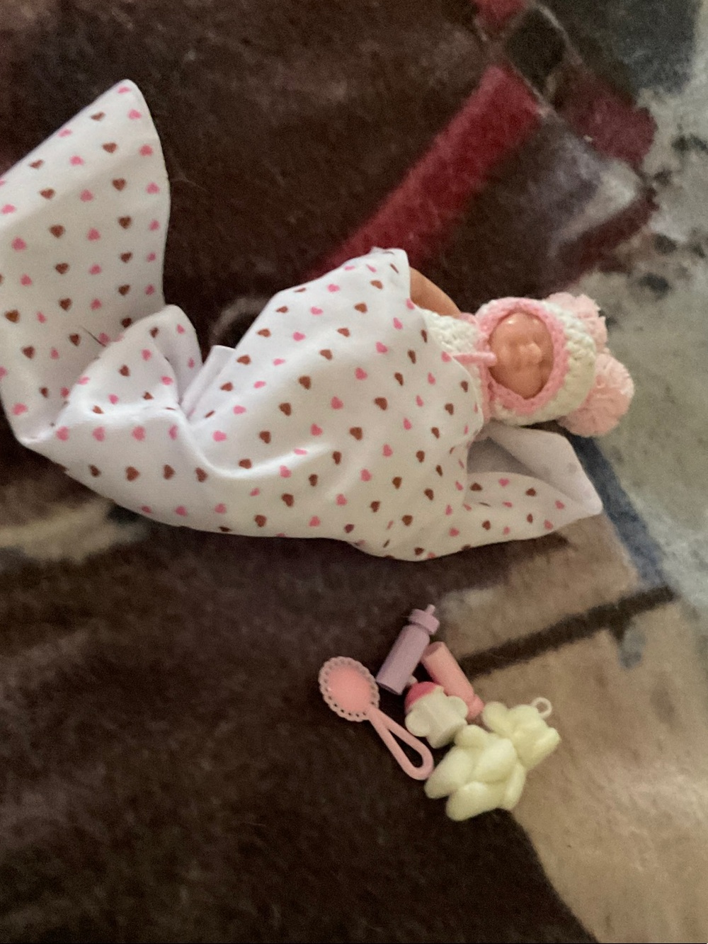 Plush Newborn Doll with Pink Knit Hat and Heart-Print White Blanket